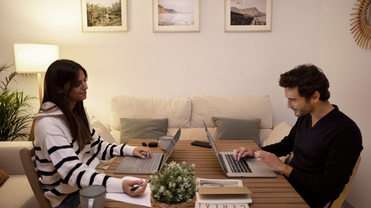 Male and Female working on laptops and at a hotel by the table with coffee mugs and notepads and a flower pot on the table | Hotel Package Ideas